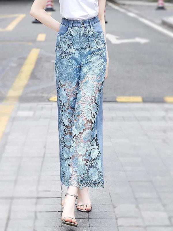 Elegant Lace Patchwork High Waist Women's Jeans – Casual Loose Summer Pants for Effortless Style and Versatile Outfit Ideas with Jeans